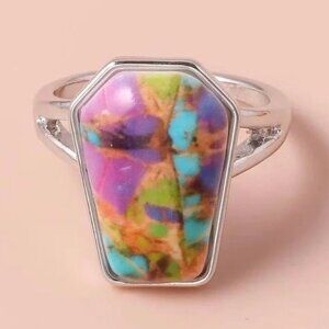 Women's Colorful Bohemian Tie-Dye Ring in a Coffin Cut Silver Split Setting